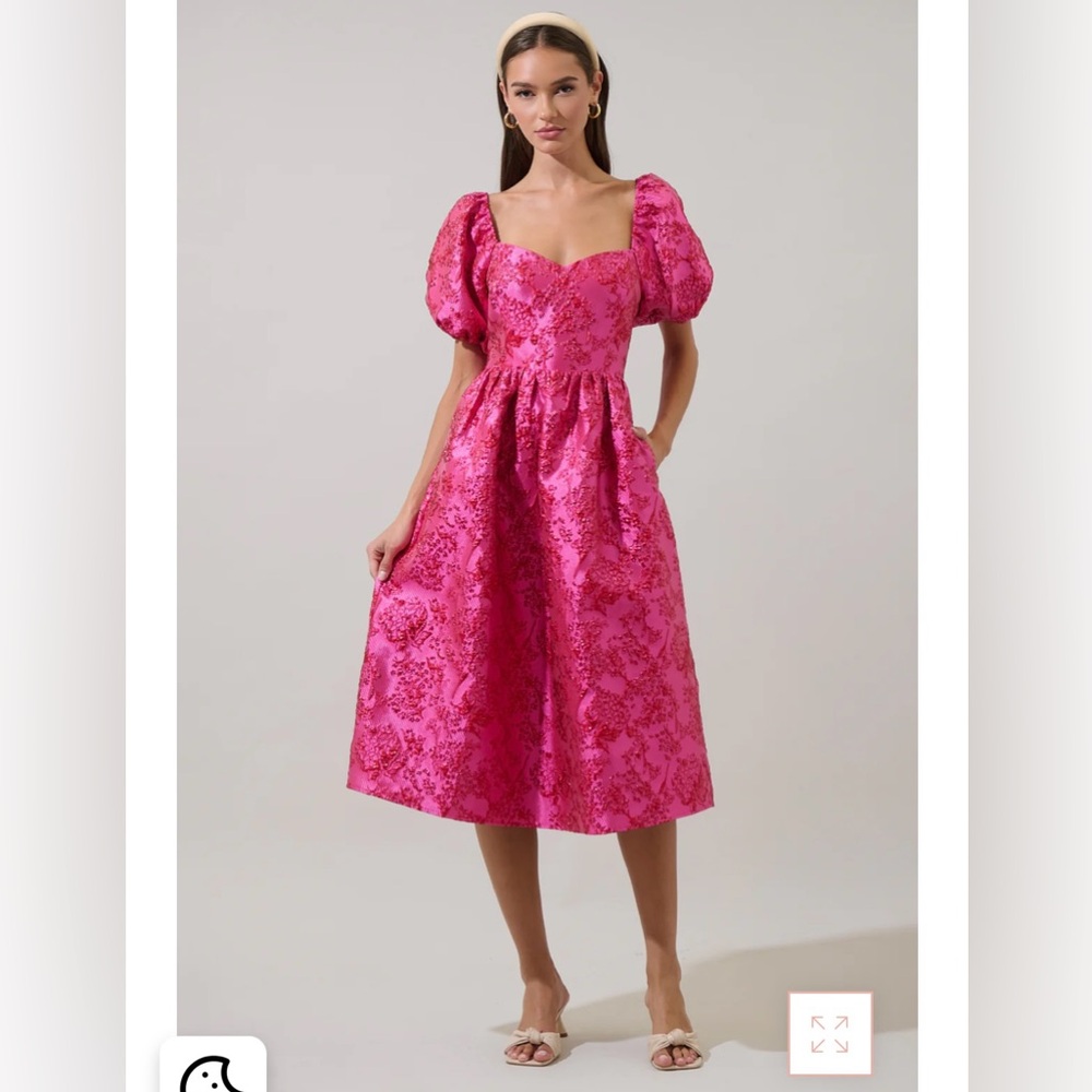 Sugarlips Danica Jacquard Alessi Puff Sleeve Midi Dress in Fushia